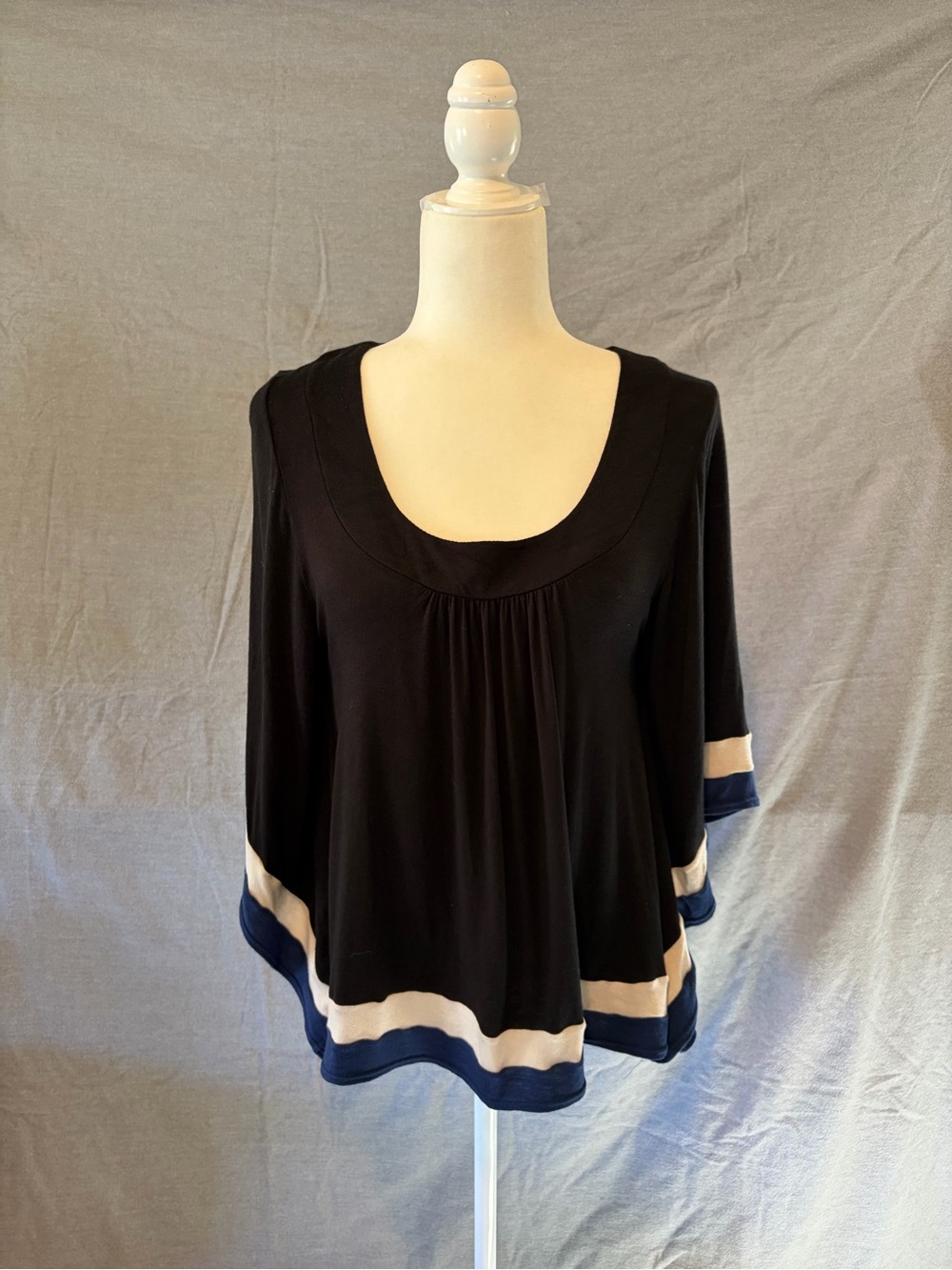White House Black Market Black Scoop Neck Tunic with Navy & Cream Bands